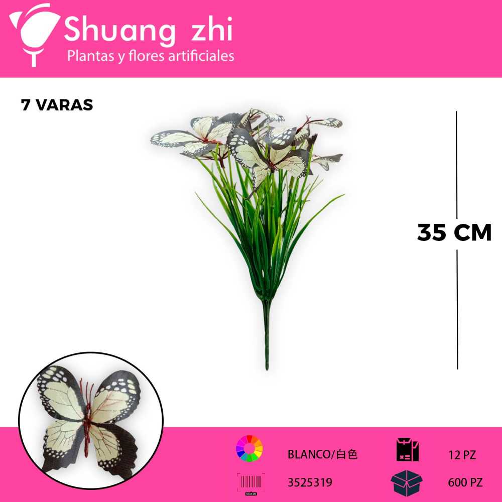 FOLLAJE CON MARIPOSA BLANCO 7 VARAS 35CM