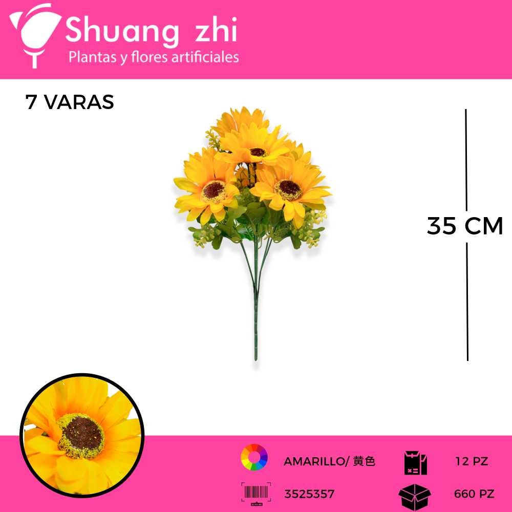 RAMO FLOR GIRASOL 7 VARAS COLOR AMARILLO 35 CM