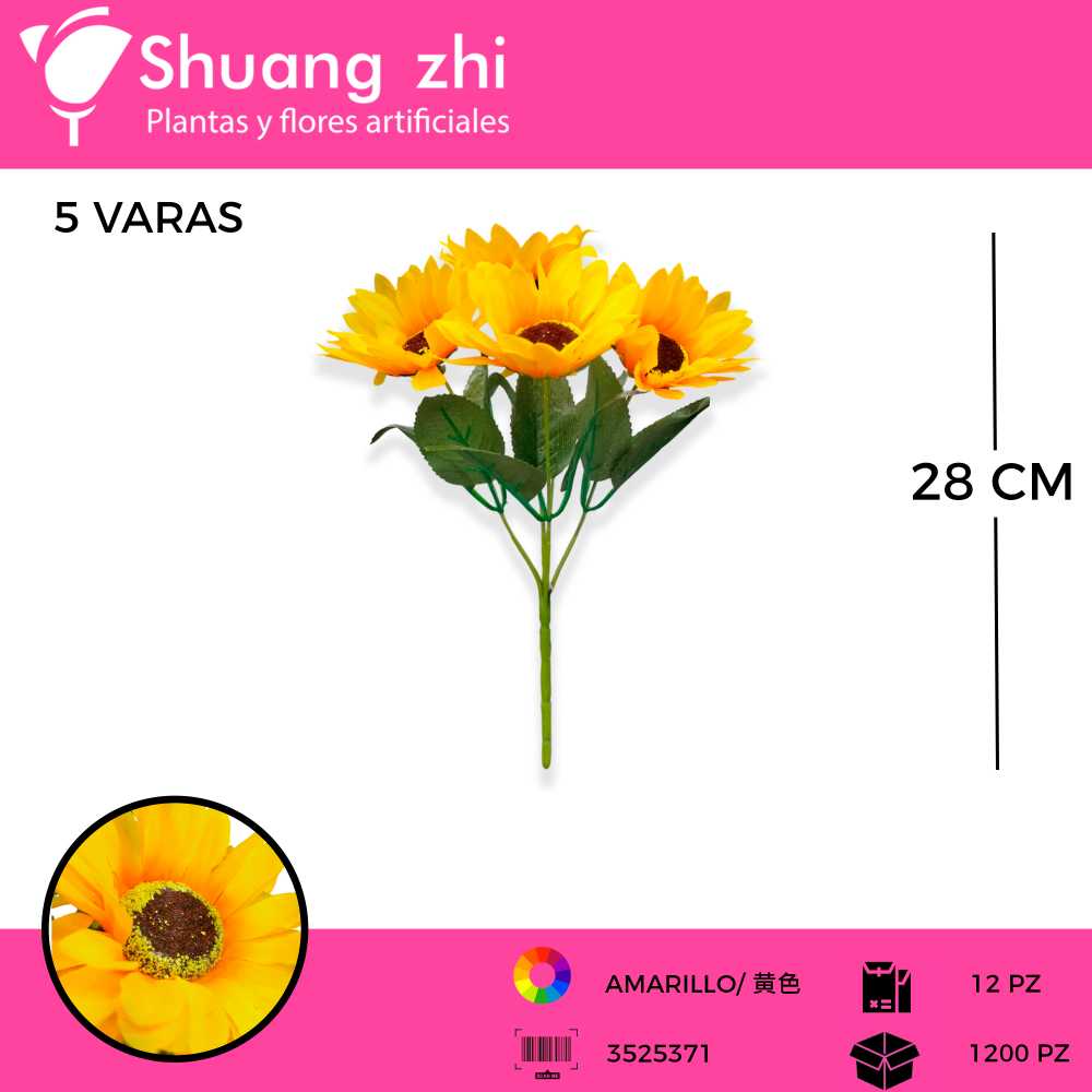 RAMO FLOR GIRASOL 5 VARAS COLOR AMARILLO 28 CM