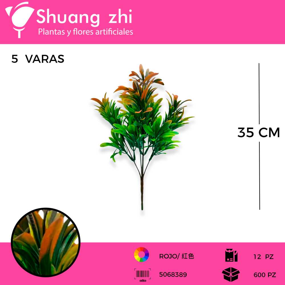 FLOR MINI FOLLAJE ROJO 5 VARAS 35CM