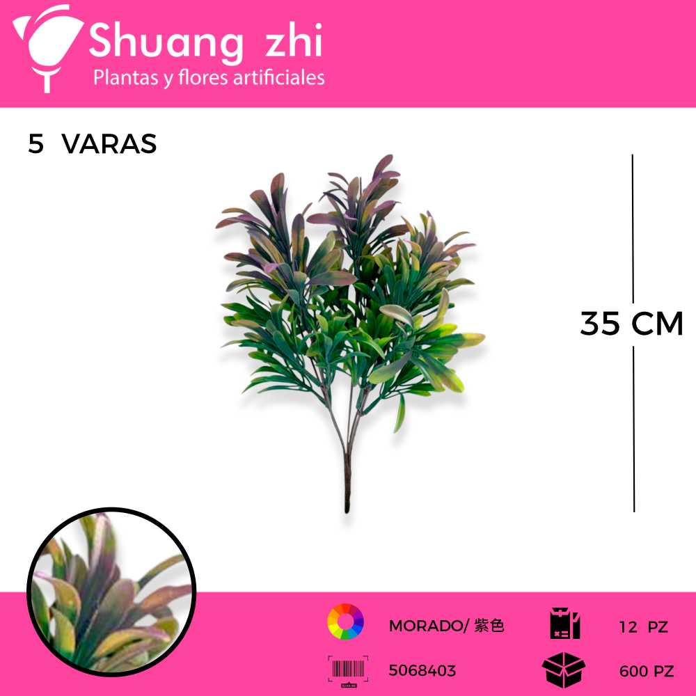 FLOR MINI FOLLAJE MORADO 5 VARAS 35CM