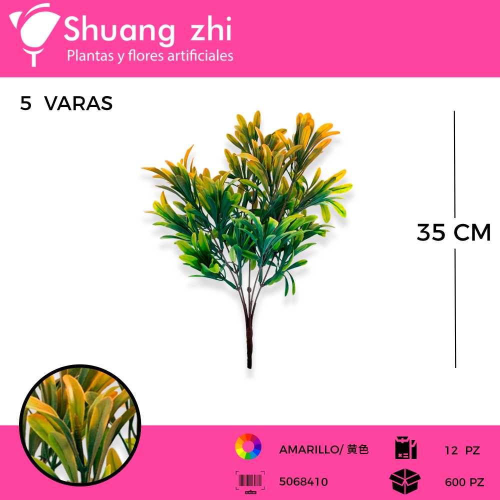 FLOR MINI FOLLAJE AMARILLO 5 VARAS 35CM