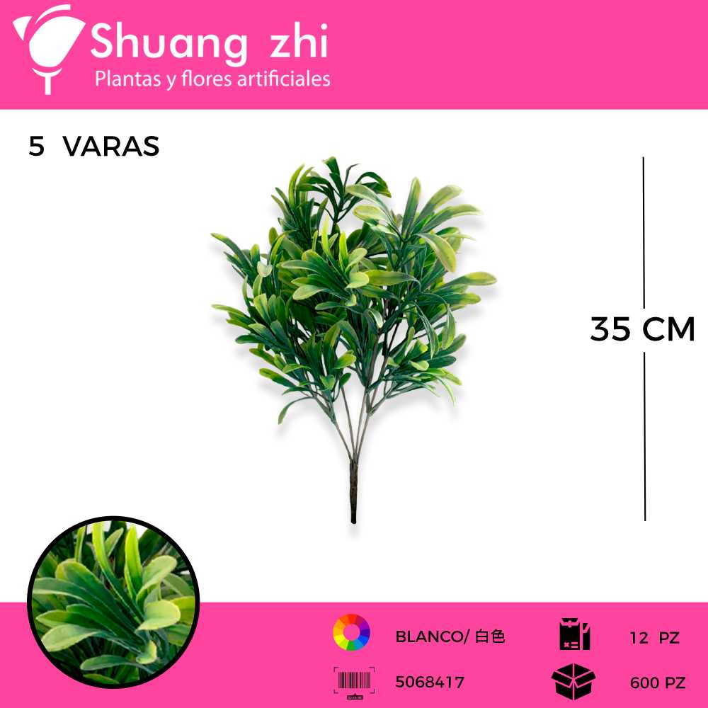FLOR MINI FOLLAJE BLANCO 5 VARAS 35CM