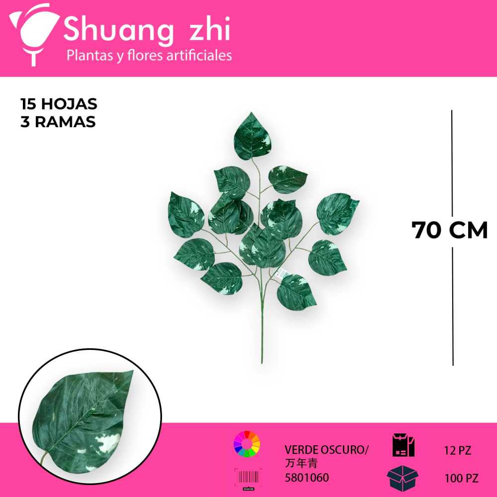 HOJA VERDE OBSCURO 3 VARAS 12 PZS