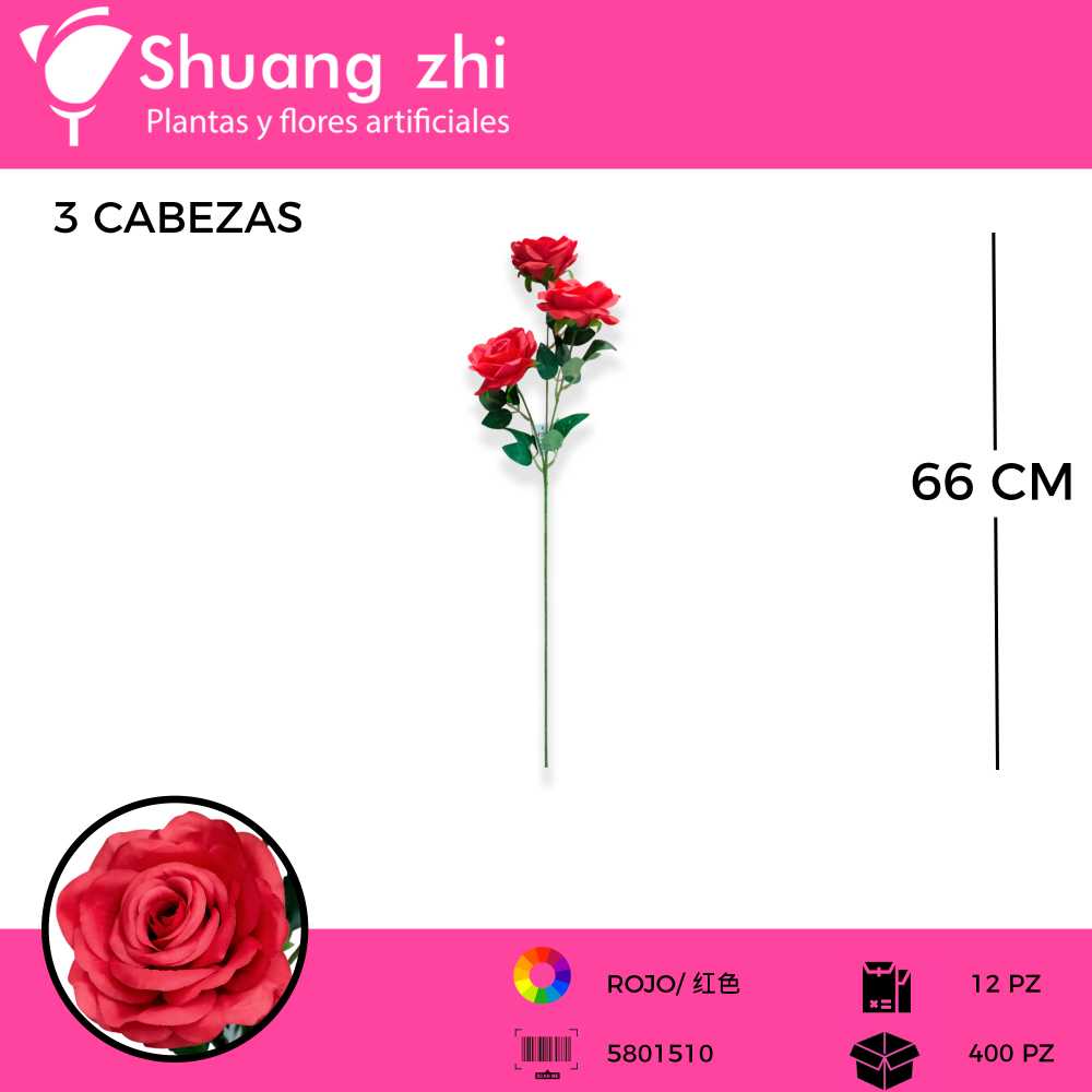 VARA ROSA 3 CABEZAS COLOR ROJO 66 CM