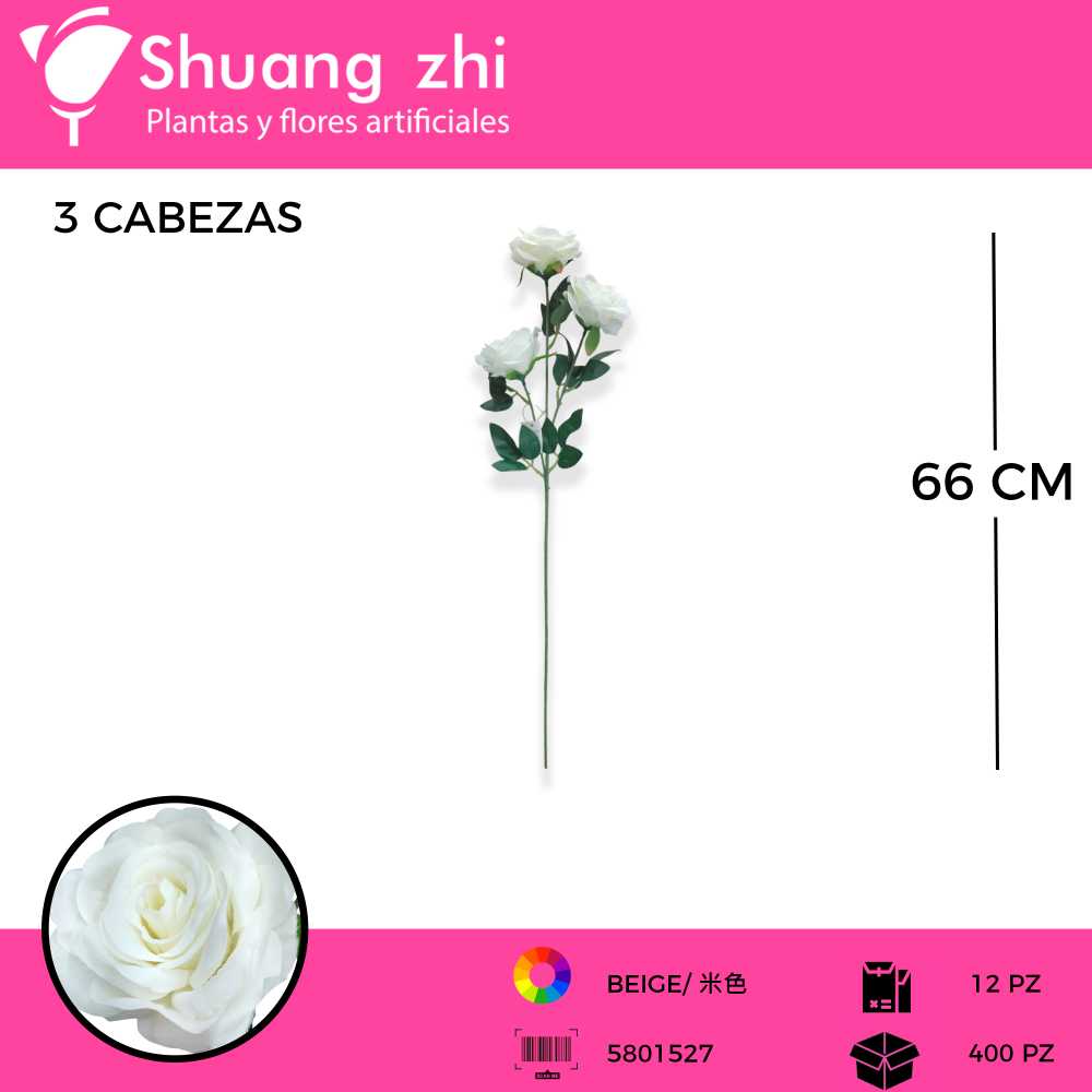 VARA ROSA 3 CABEZAS COLOR BLANCO 66 CM