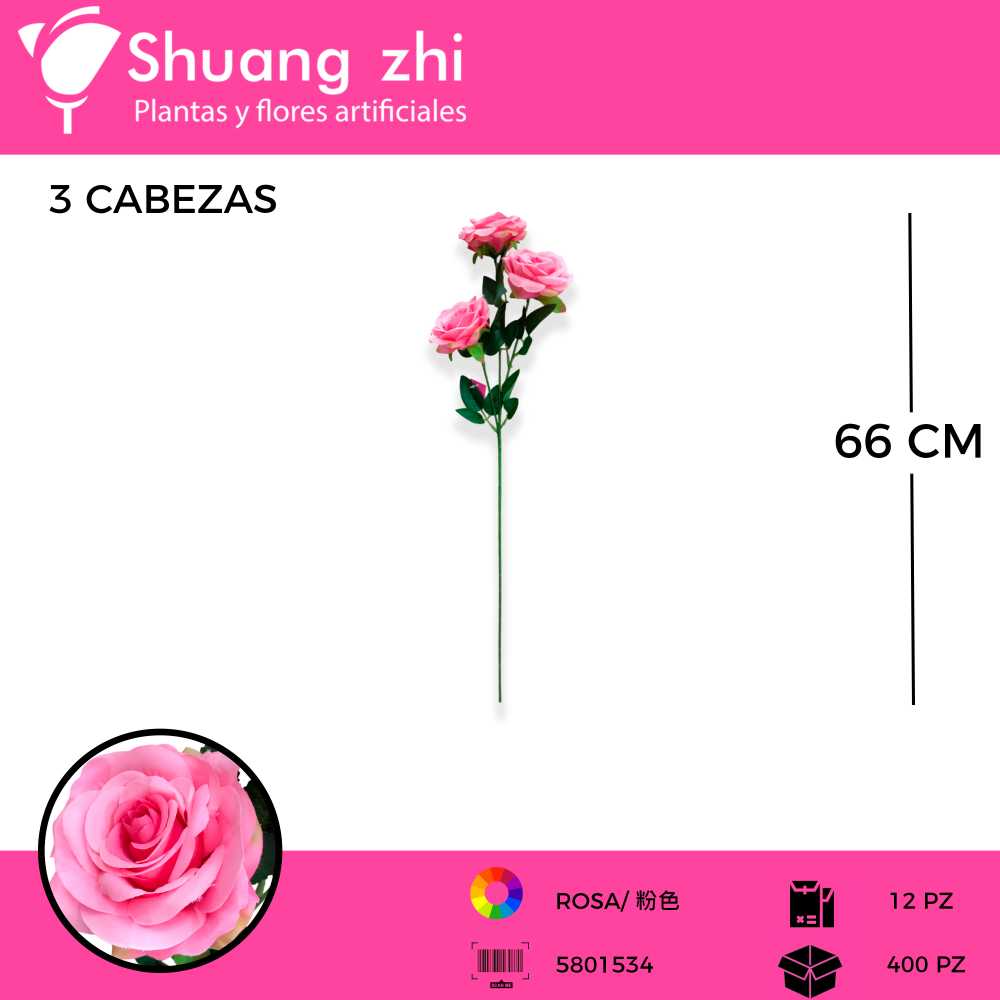 VARA ROSA 3 CABEZAS COLOR ROSA 66 CM