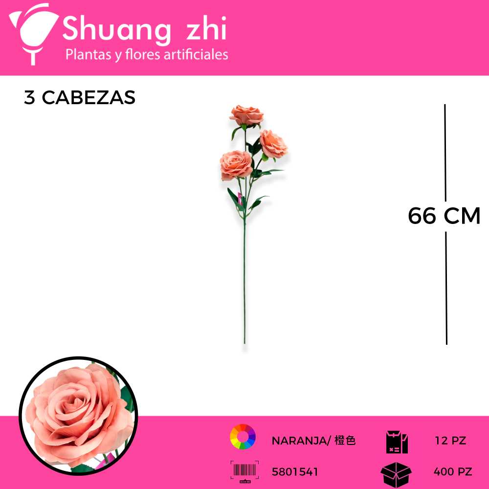 VARA ROSA 3 CABEZAS COLOR NARANJA 66 CM