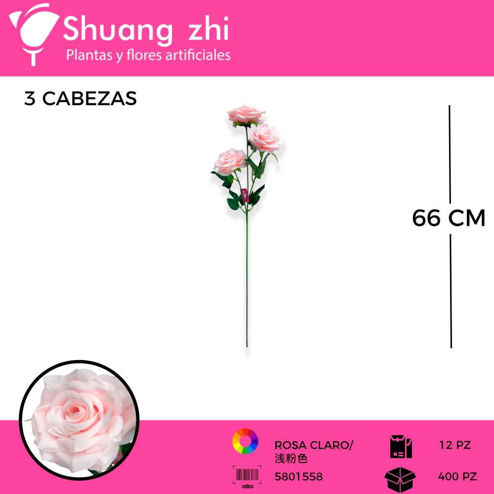 VARA ROSA 3 CABEZAS COLOR ROSA CLARO 66 CM
