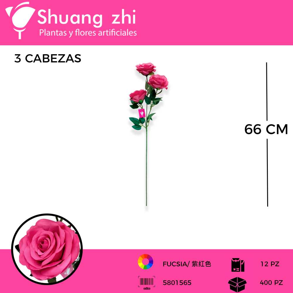 VARA ROSA 3 CABEZAS COLOR FUCSIA 66 CM