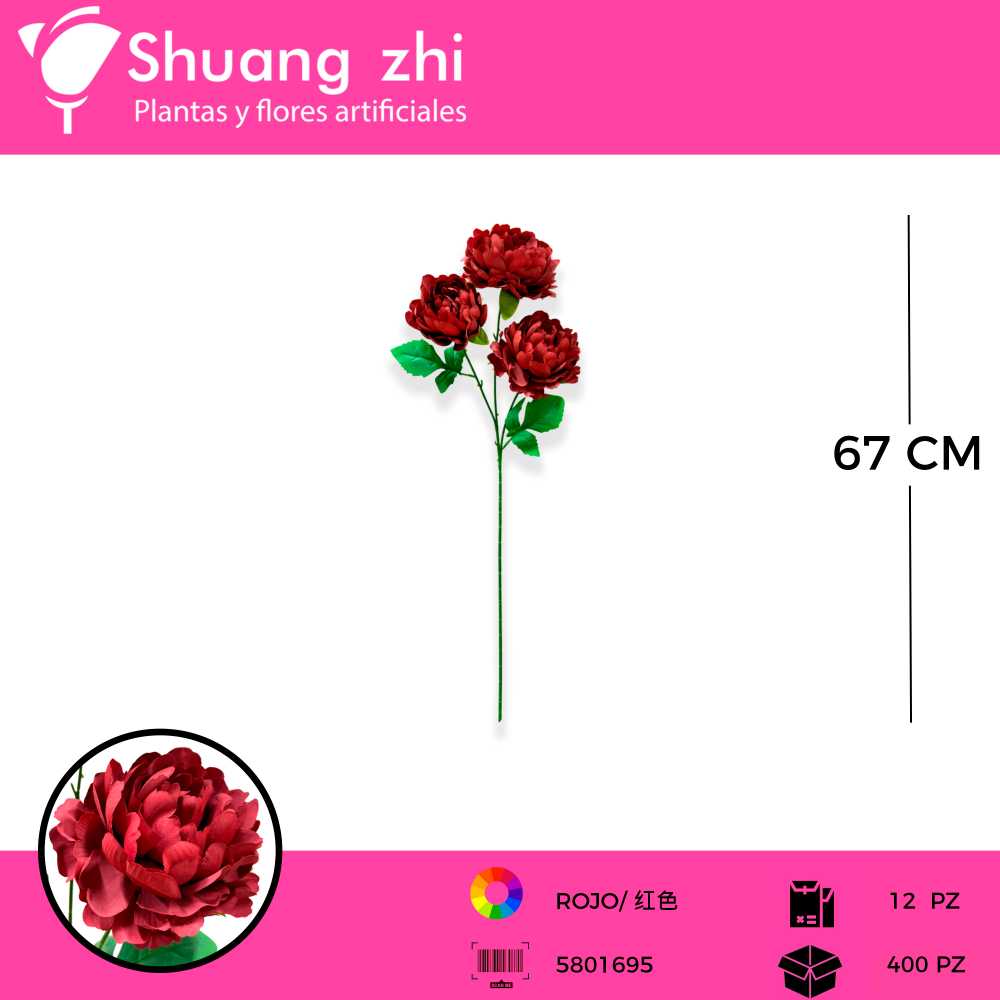 VARA PEONIA 3 CABEZAS ROJO 67 CM