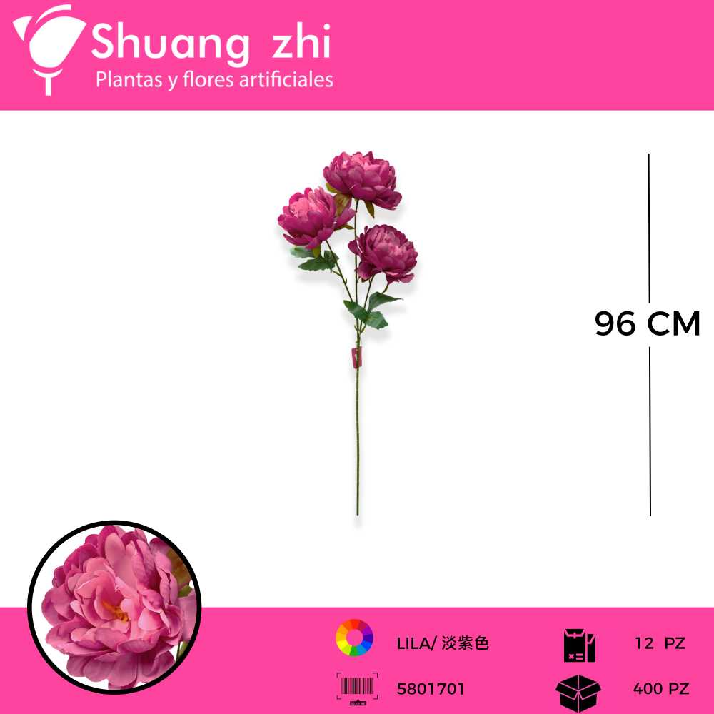 VARA PEONIA 3 CABEZAS LILA 96CM