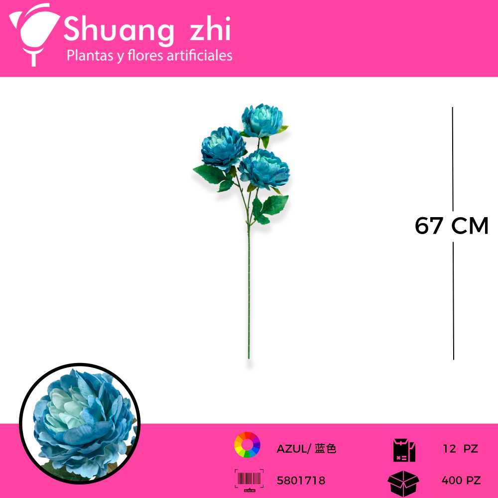 VARA PEONIA 3 CABEZAS AZUL 67 CM