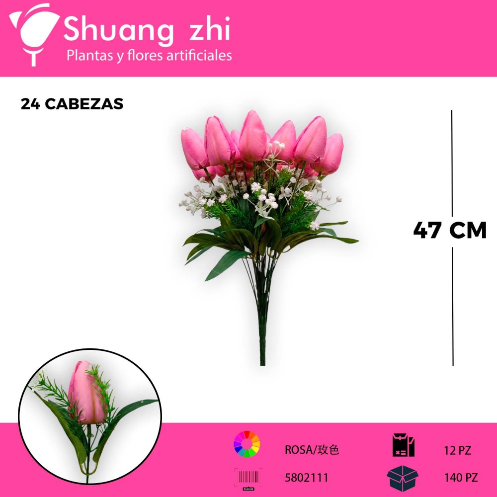RAMO BOTON DE TULIPAN ROSA 24 VARAS 47CM
