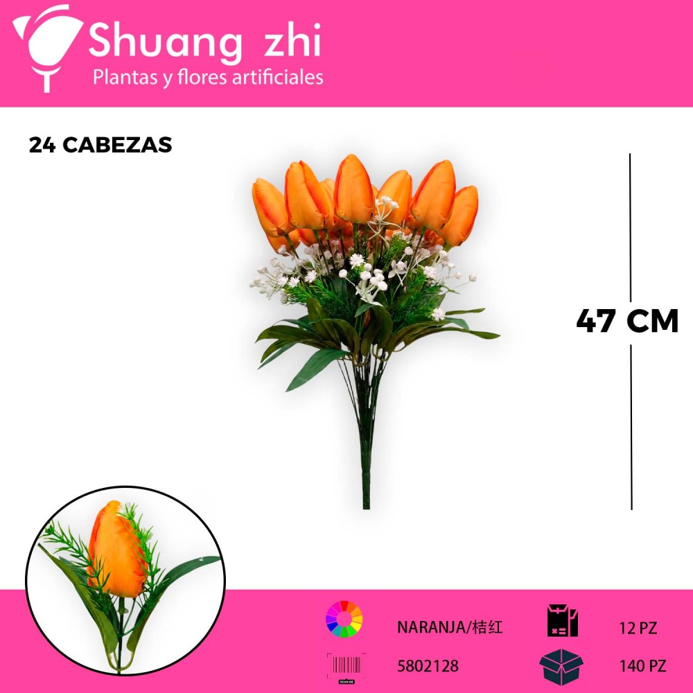 RAMO BOTON DE TULIPAN NARANJA 24 VARAS 47CM