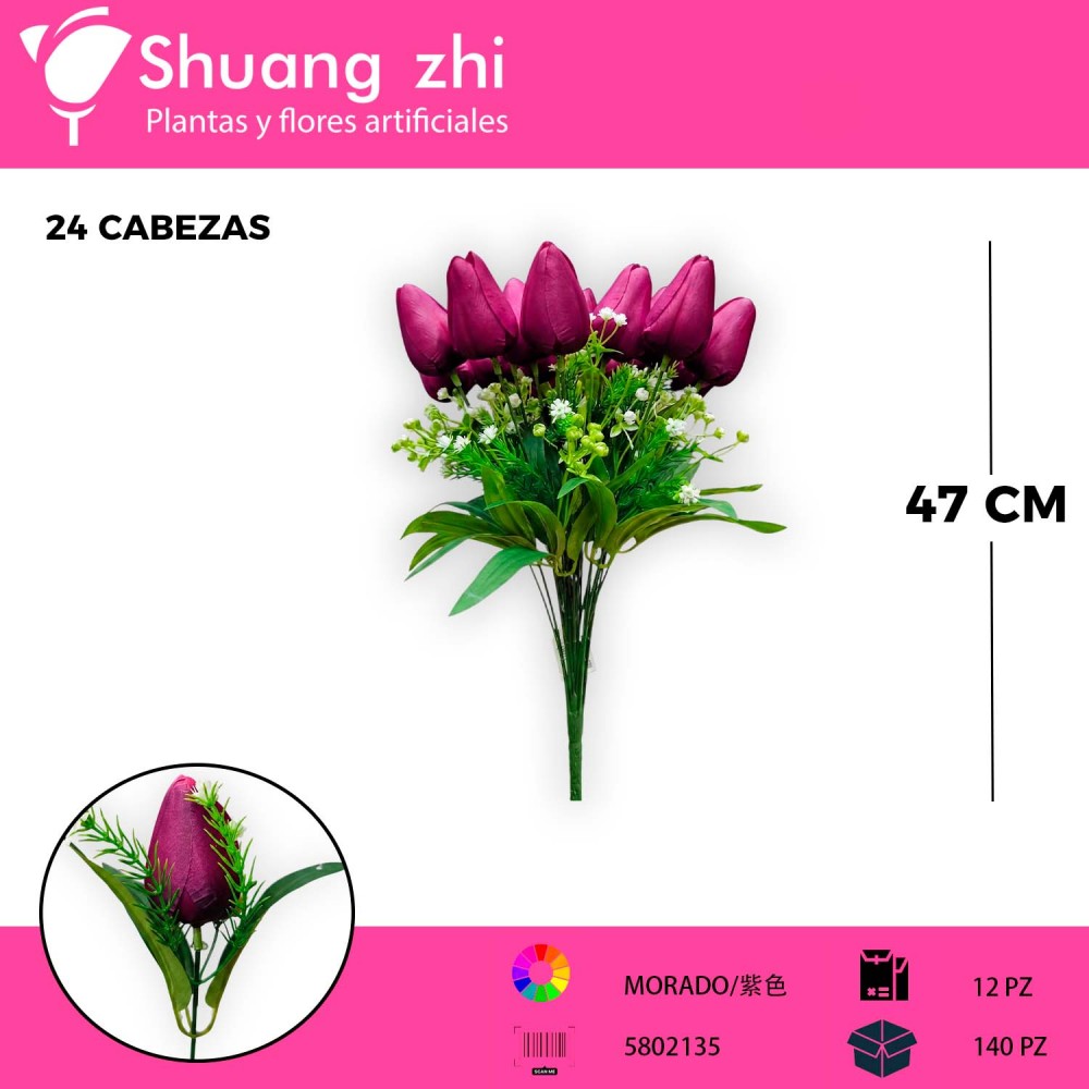 RAMO BOTON DE TULIPAN MORADO 24 VARAS 47CM