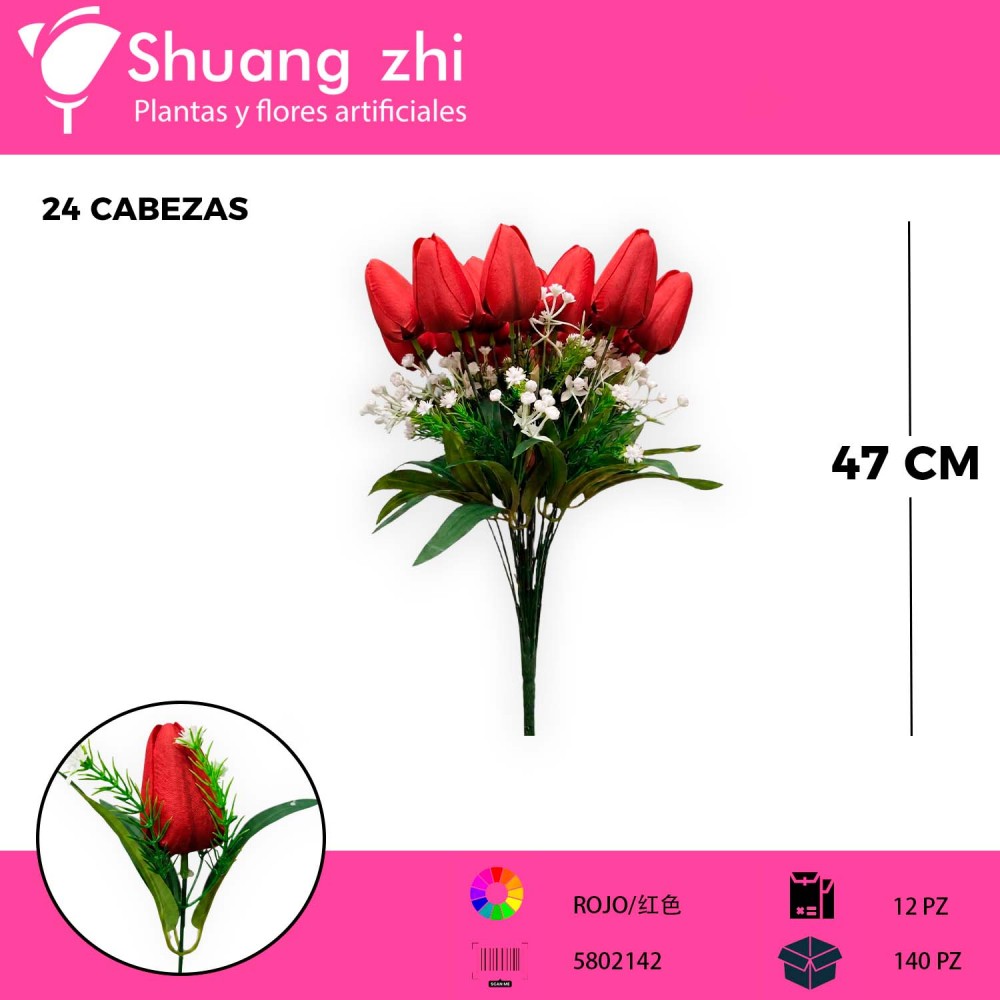 RAMO BOTON DE TULIPAN ROJO 24 VARAS 47CM