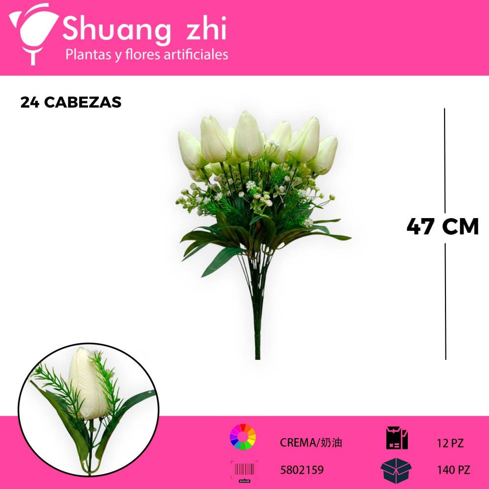 RAMO BOTON DE TULIPAN BLANCO 24 VARAS 47CM