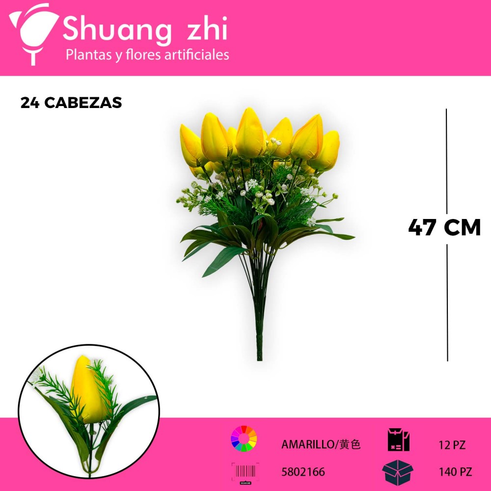 RAMO BOTON DE TULIPAN AMARILLO 24 VARAS 47CM