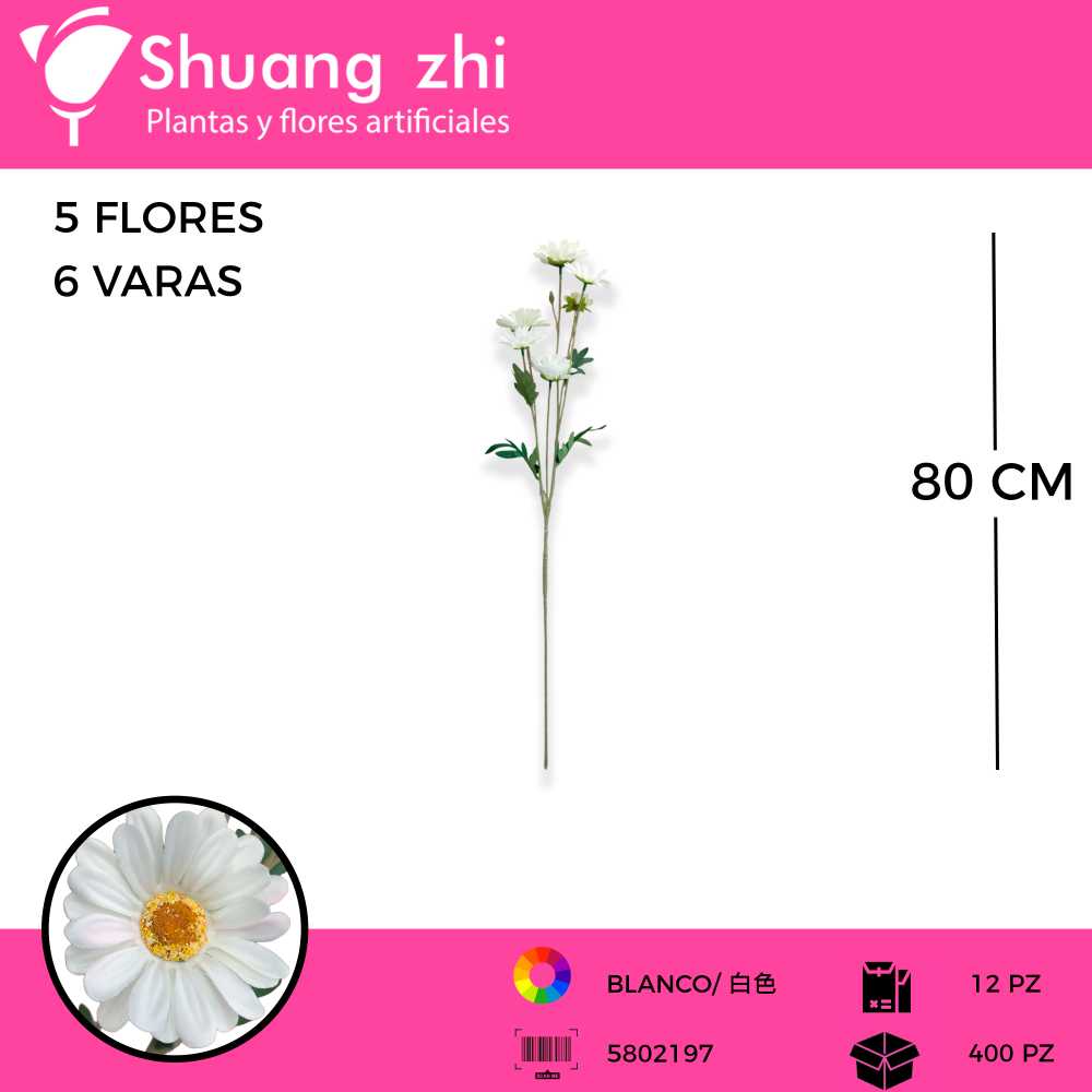 VARA MARGARITA COLOR BLANCO 5 FLORES 80 CM