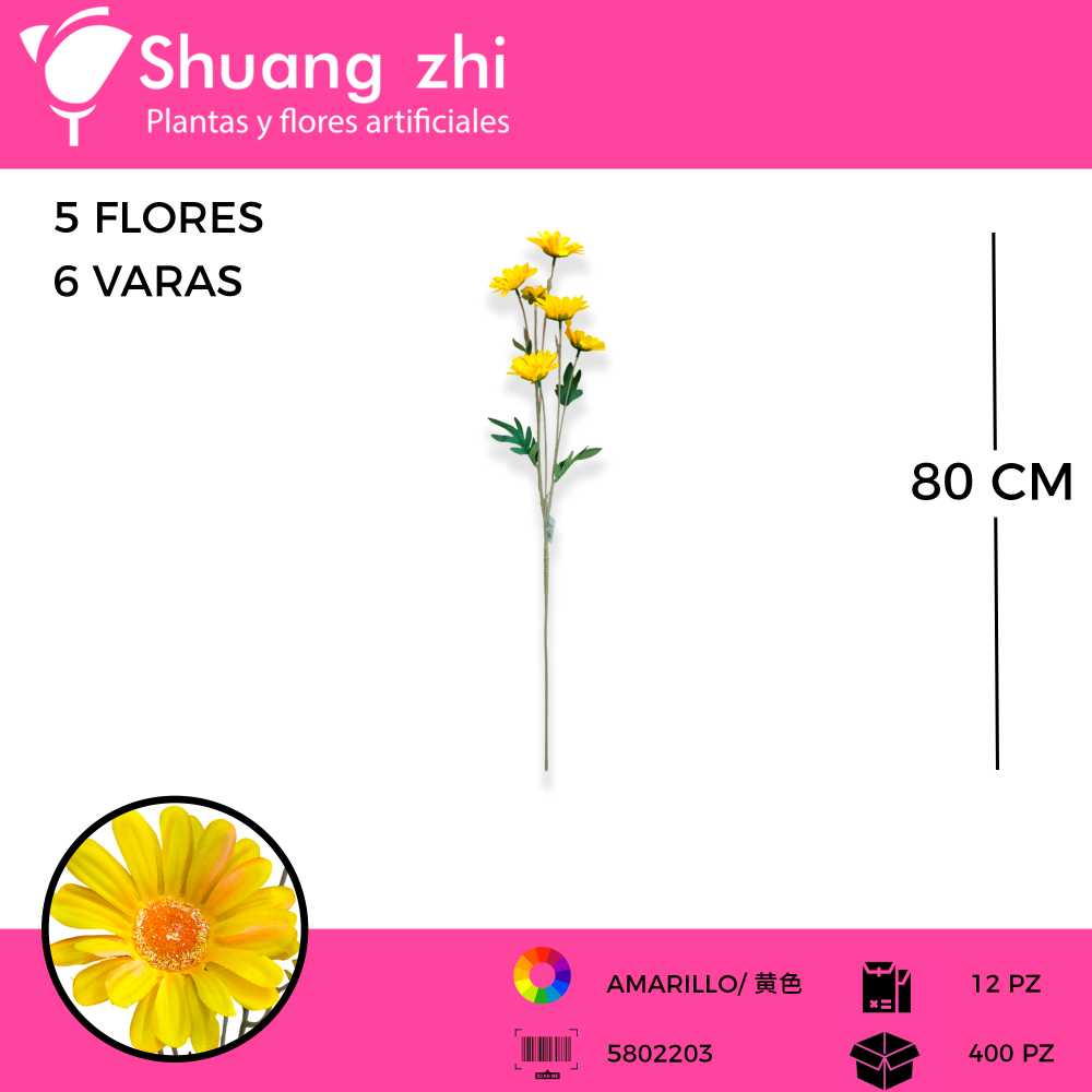 VARA MARGARITA COLOR AMARILLO 5 FLORES 80 CM