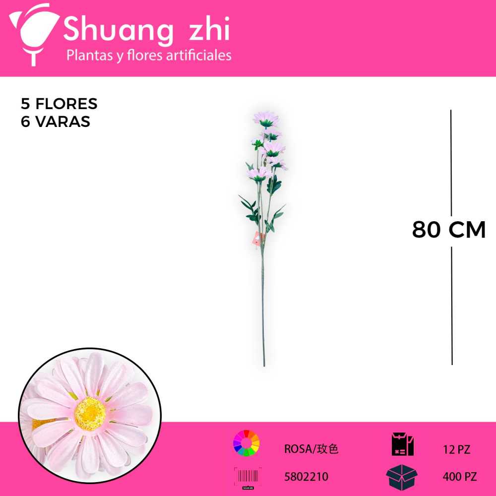 VARA DE MARGARITA ROSA 6 CABEZAS 80CM
