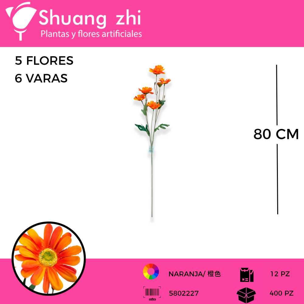 VARA DE MARGARITA NARANJA 6 CABEZAS 80CM