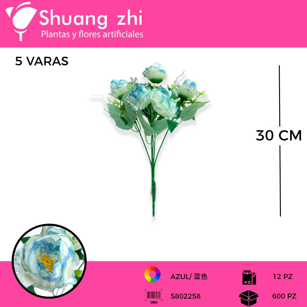 FLOR MINI PEONIA COLOR AZUL 5 VARAS 30 CM