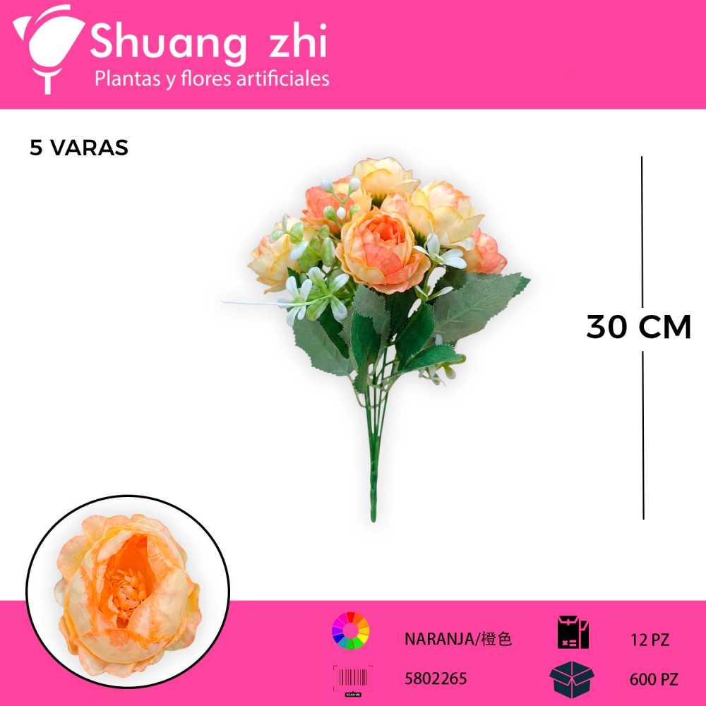FLOR MINI PEONIA COLOR NARANJA 5 VARAS 30 CM