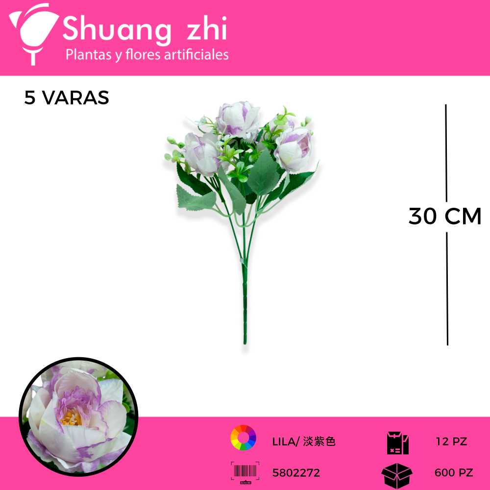FLOR MINI PEONIA COLOR LILA 5 VARAS 30 CM