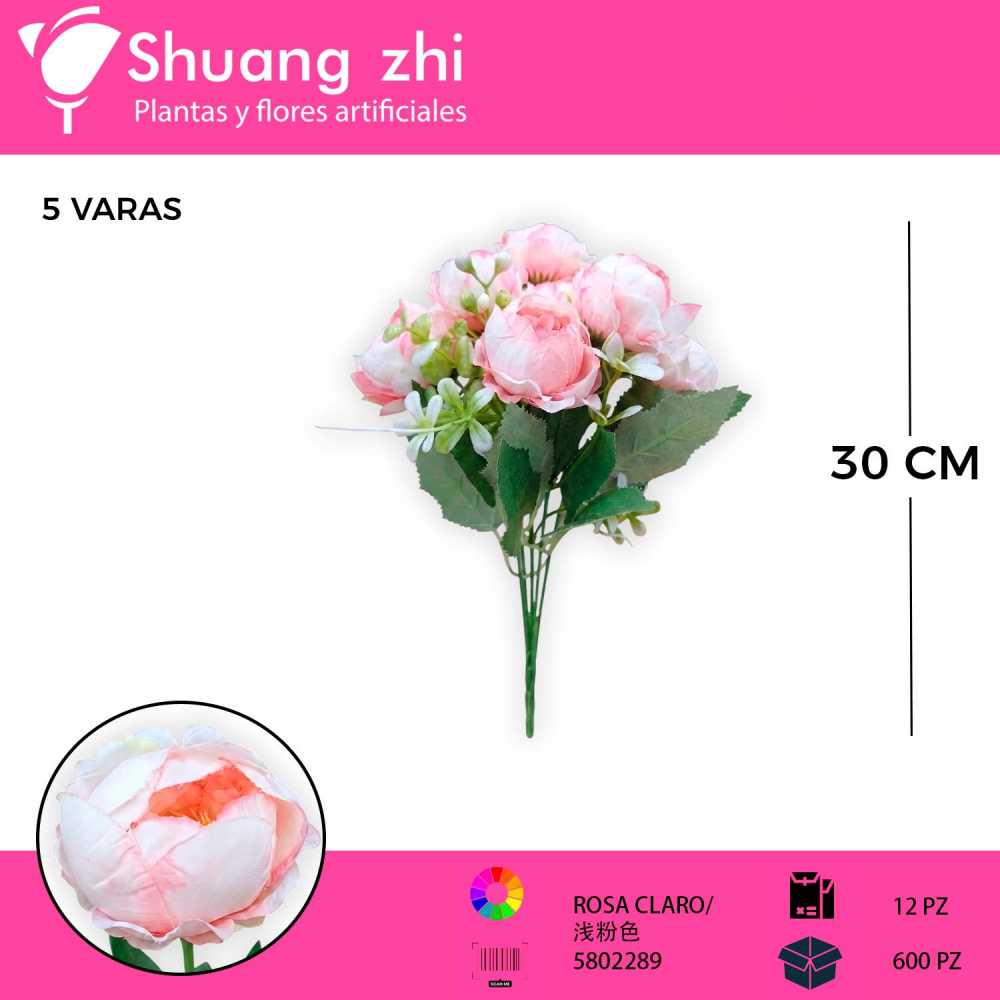 FLOR MINI PEONIA COLOR ROSA CLARO 5 VARAS 30 CM