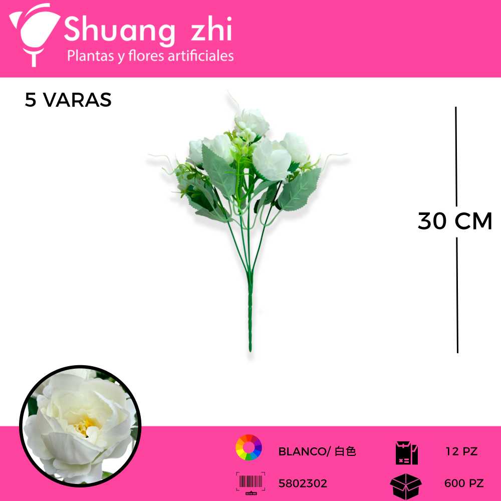 FLOR MINI PEONIA COLOR BLANCO 5 VARAS 30 CM