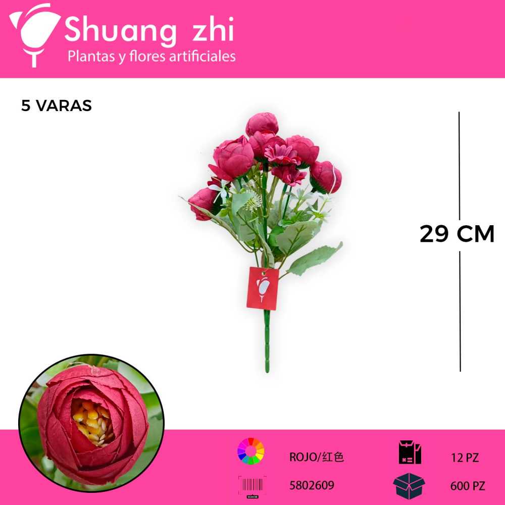 FLOR MINI PEONIA COLOR ROJO 5 VARAS 29 CM