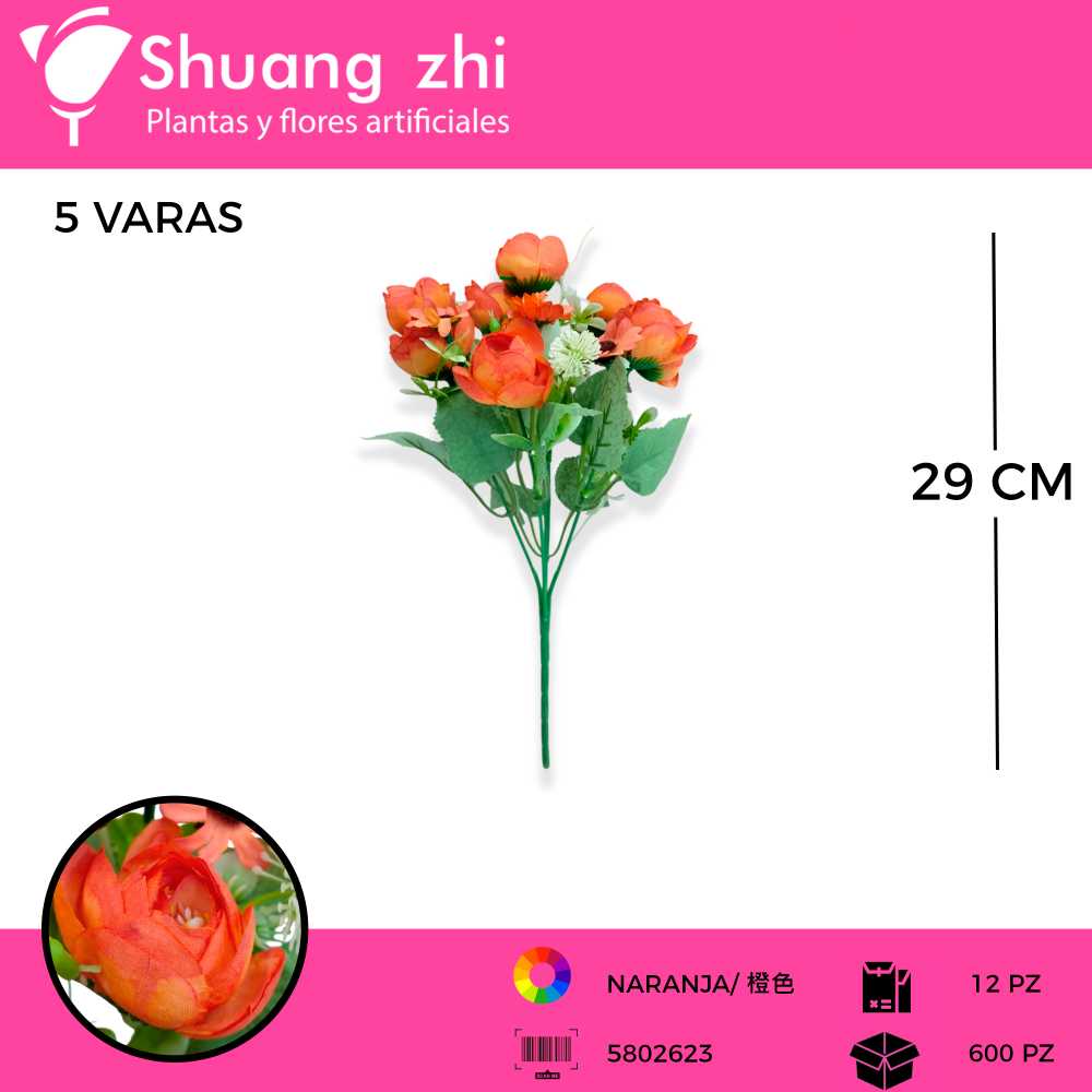 FLOR MINI PEONIA COLOR NARANJA 5 VARAS 29 CM