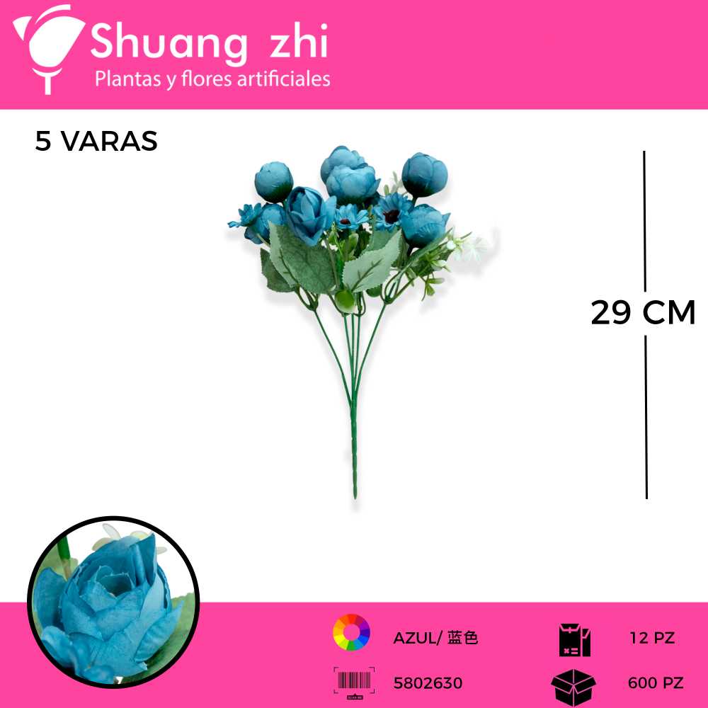 FLOR MINI PEONIA COLOR AZUL 5 VARAS 29 CM
