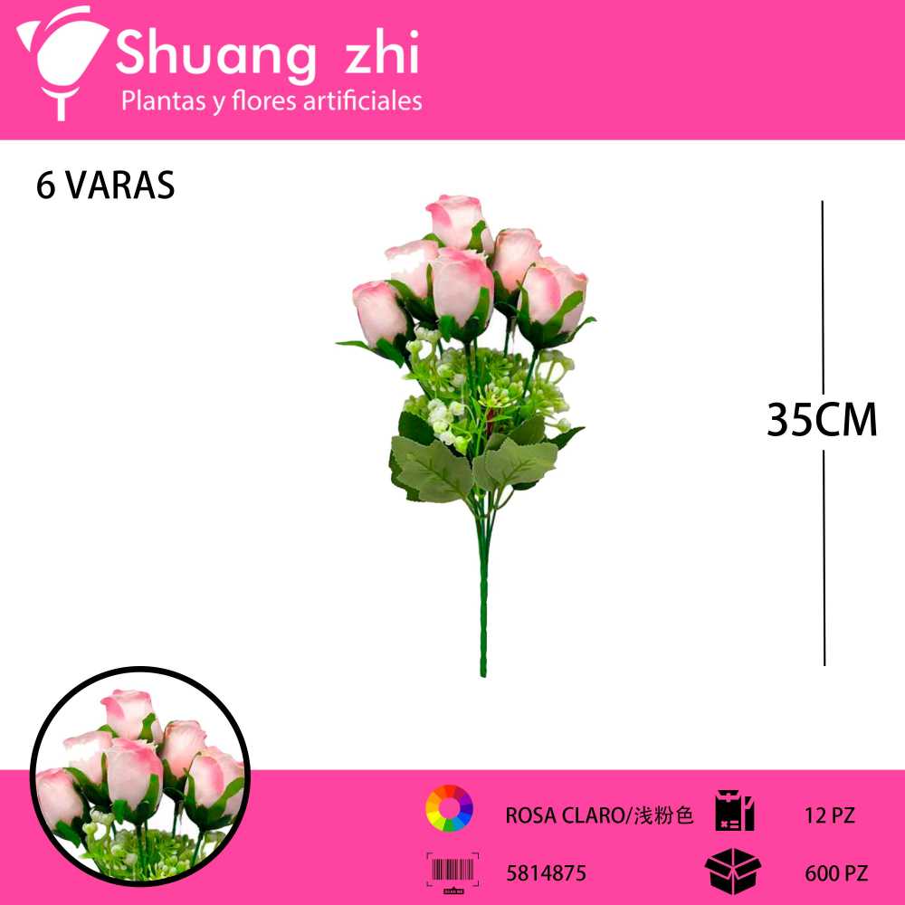 RAMO FLOR 6 CABEZAS 35CM ROSA CLARO