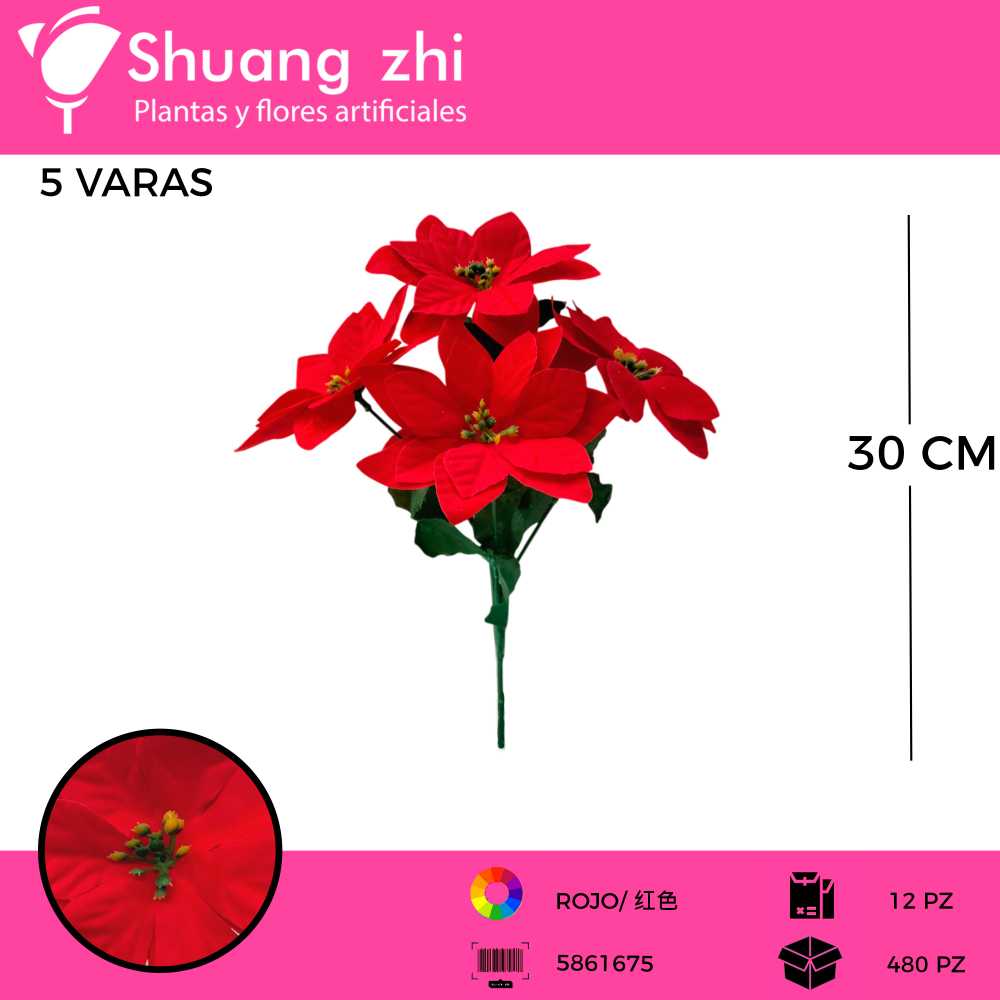 FLOR NOCHEBUENA 5 CABEZAS 30CM