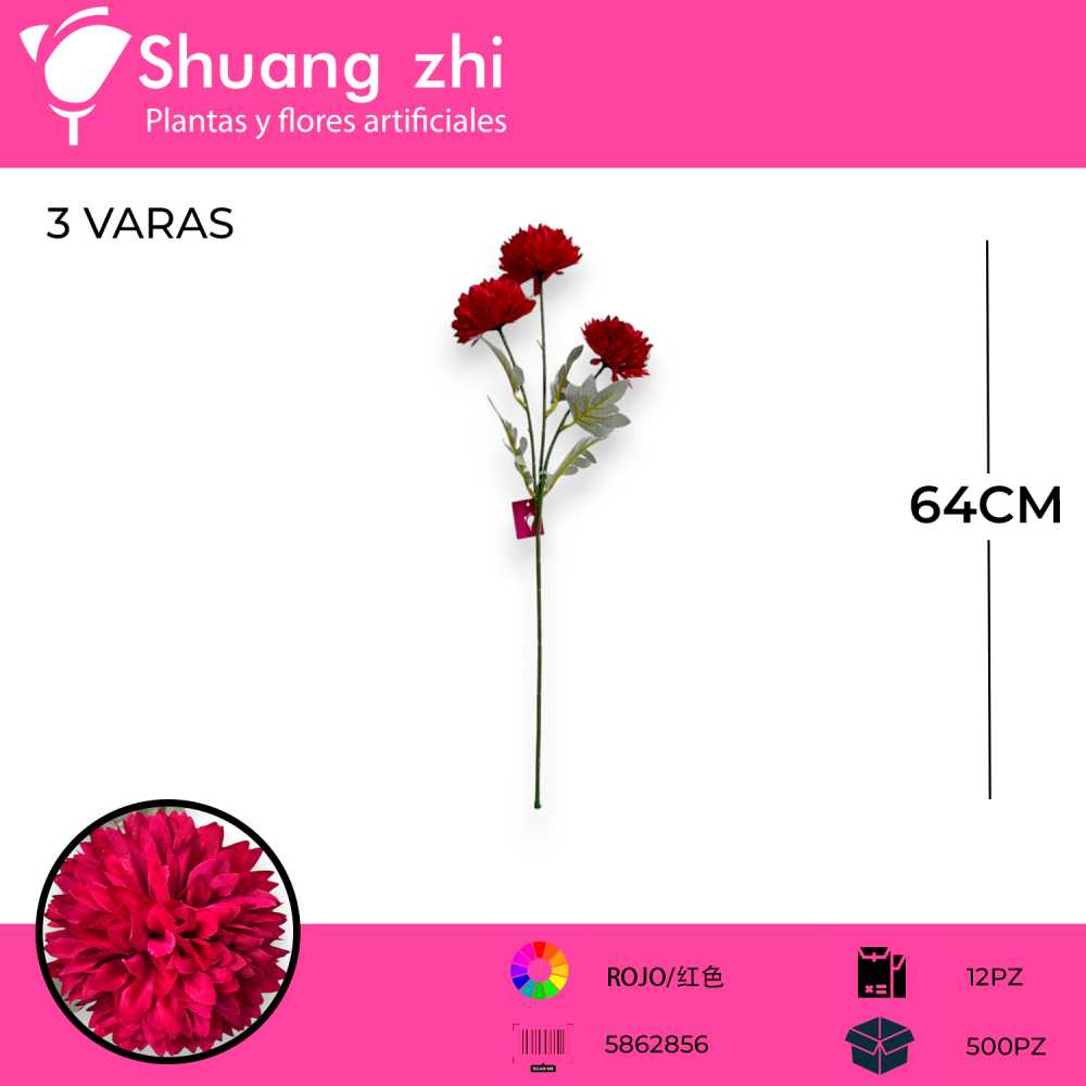VARA FLOR CRISANTEMO ROJO 64CM
