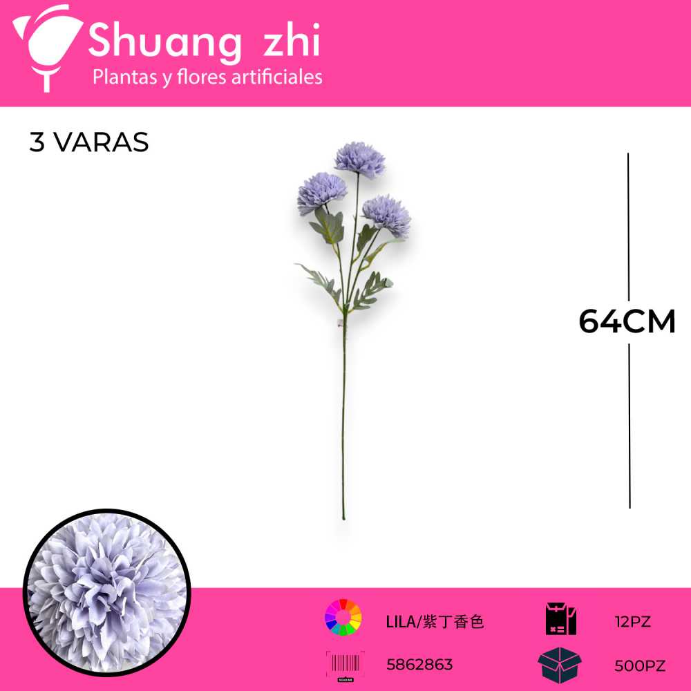 VARA FLOR CRISANTEMO LILA 64CM