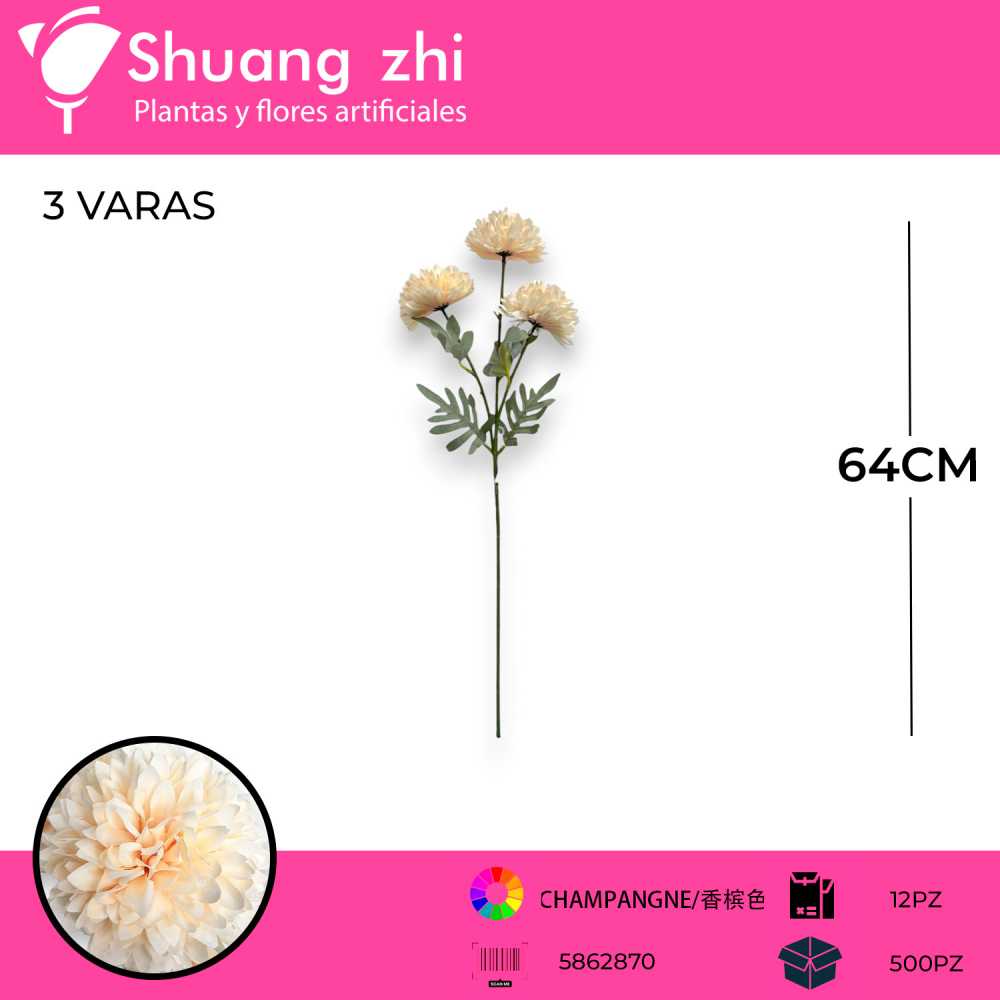 VARA FLOR CRISANTEMO CHAMPANGNE 64CM