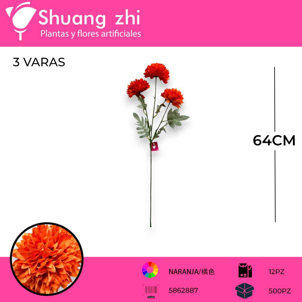 VARA FLOR CRISANTEMO NARANJA 64CM