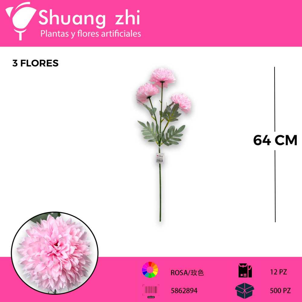 VARA FLOR CRISANTEMO ROSA 64CM