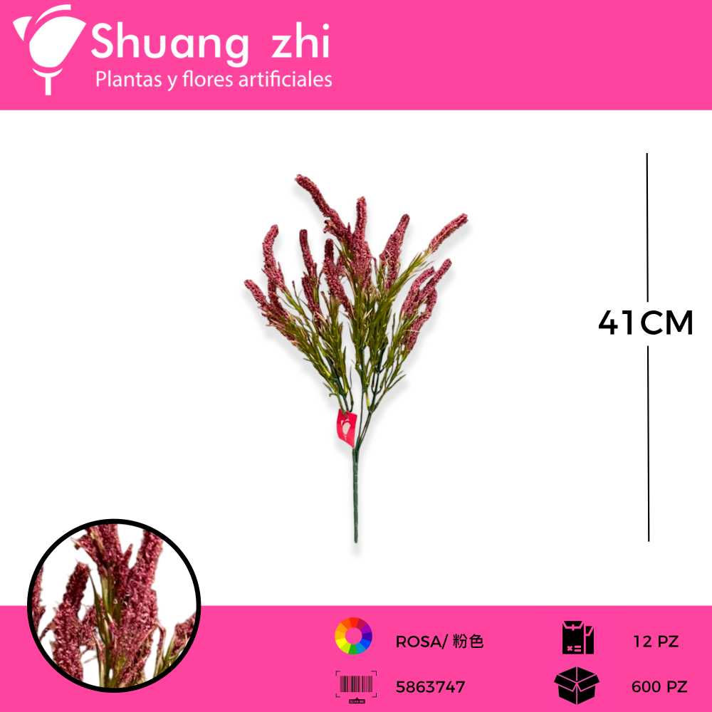 FOLLAJE ESPIGA 5 VARAS ROSA 41 CM