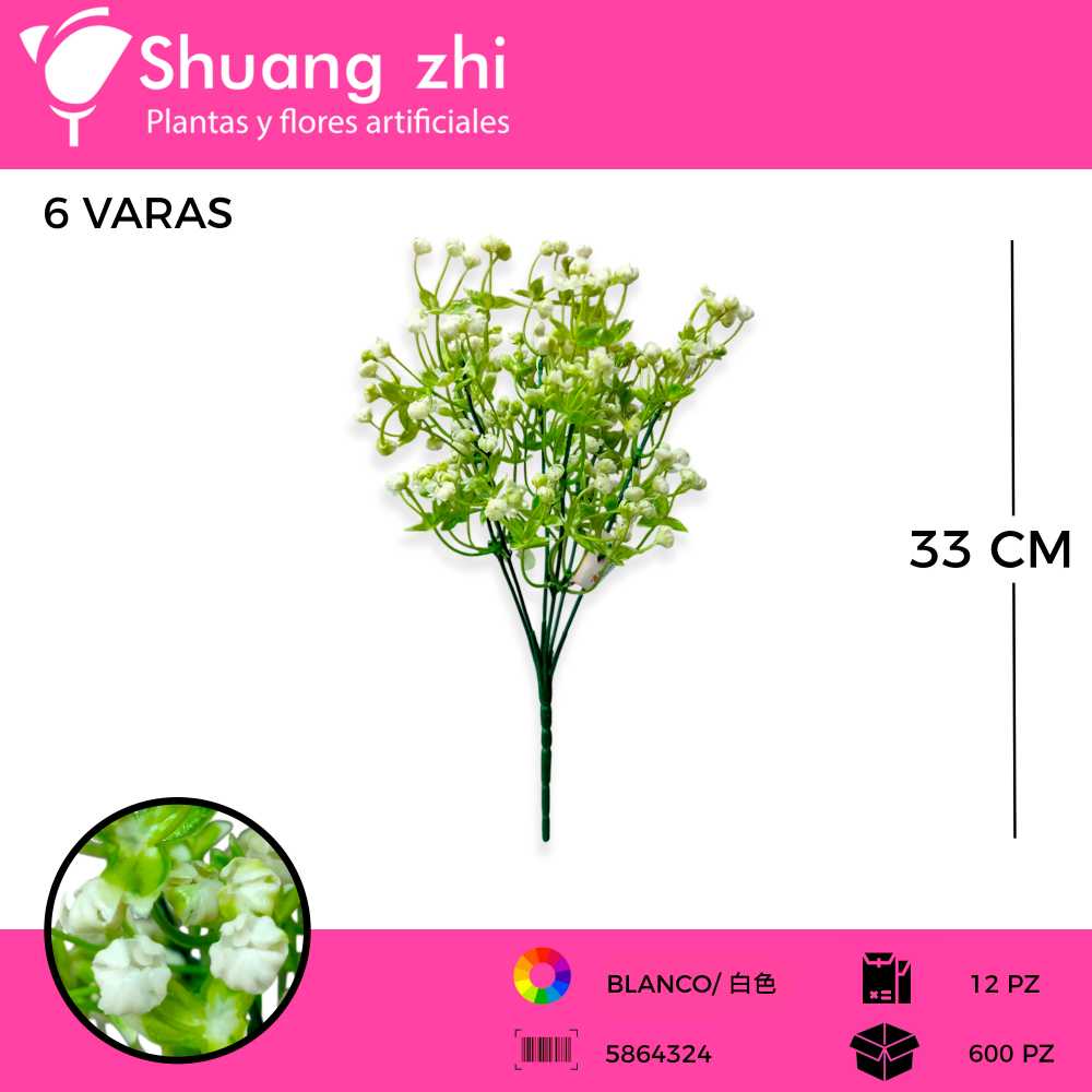 FOLLAJE 6 VARAS 33 CM COLOR BLANCO