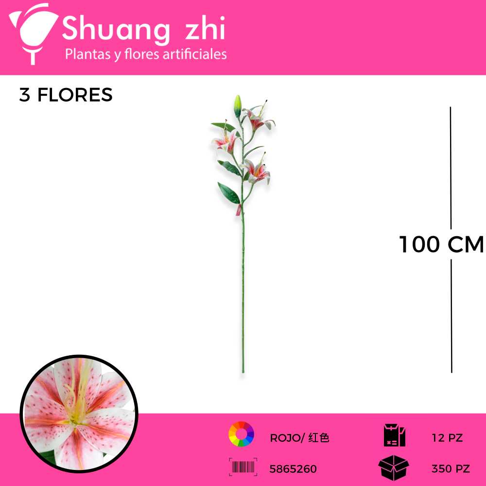 VARA LILI 3 CABEZAS BLANCO CON FUCSIA 100CM
