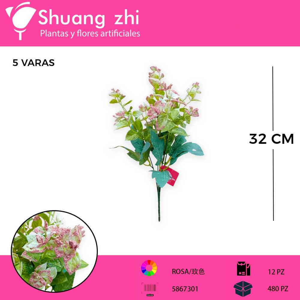 FOLLAJE 5 VARAS ROSA 32CM