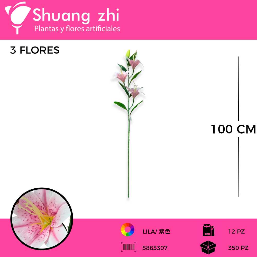 VARA LILI 3 CABEZAS BLANCO CON FUCSIA 100CM