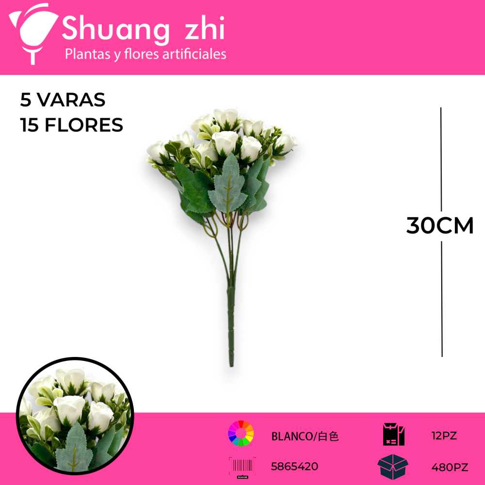 FLOR MINI ROSA BLANCO 30CM