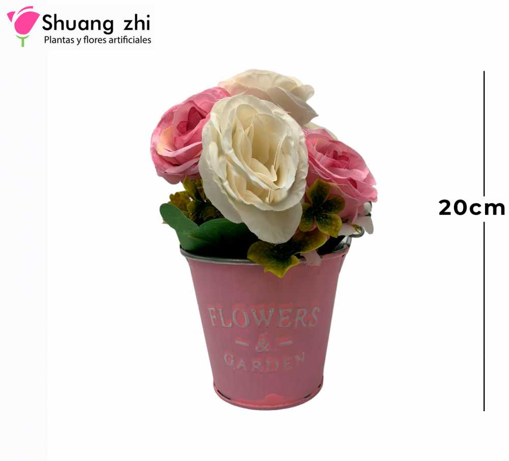 MACETA FLOR BLANCO Y ROSA 20CM