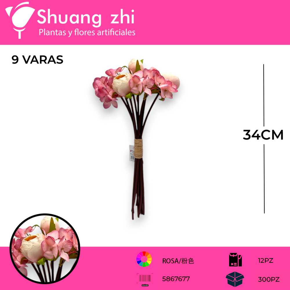 RAMO FLOR PEONIA ROSA 35CM